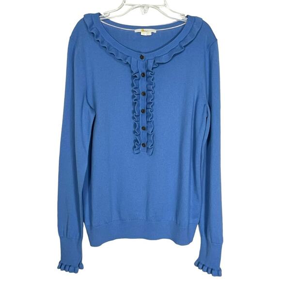 Boden Sweater Lara Frill Henley Ruffle Blue Women's Sz 8  Wool Cotton Blend - Picture 2 of 7